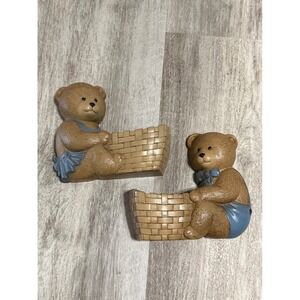 Vintage 1989 Burwood Products Teddy Bear Wall Pockets Blue Nursery Decor 2947-1A